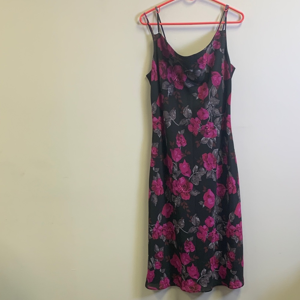 New York & Company Black Slip Dress with Pink Floral Print